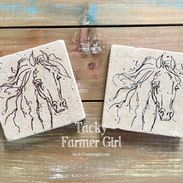 Sketchy Wild Filly -- Hand-Stamped (4) Travertine Coasters