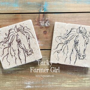 Sketchy Wild Filly -- Hand-Stamped (4) Travertine Coasters