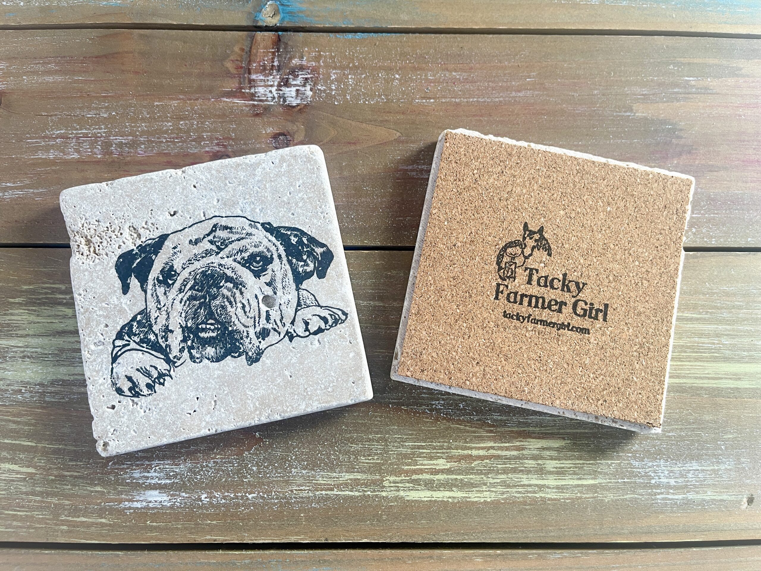 Bulldog Coasters - Hand-Stamped Travertine Coasters - Image 2