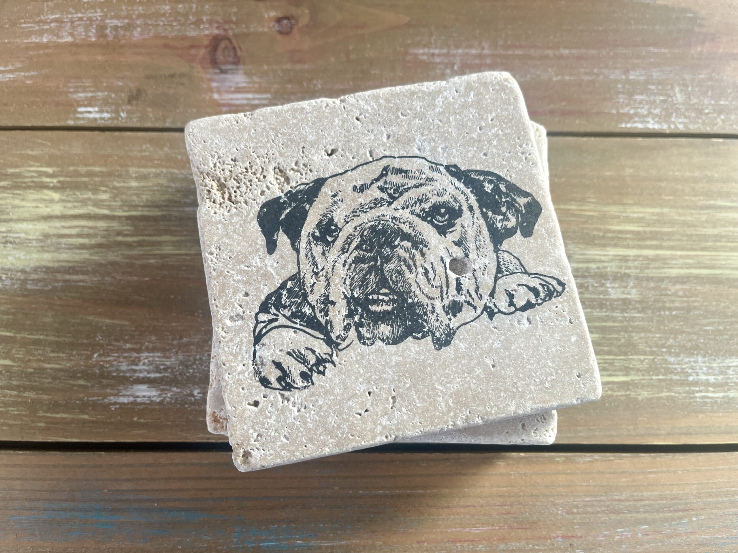 Bulldog Coasters - Hand-Stamped Travertine Coasters - Image 3