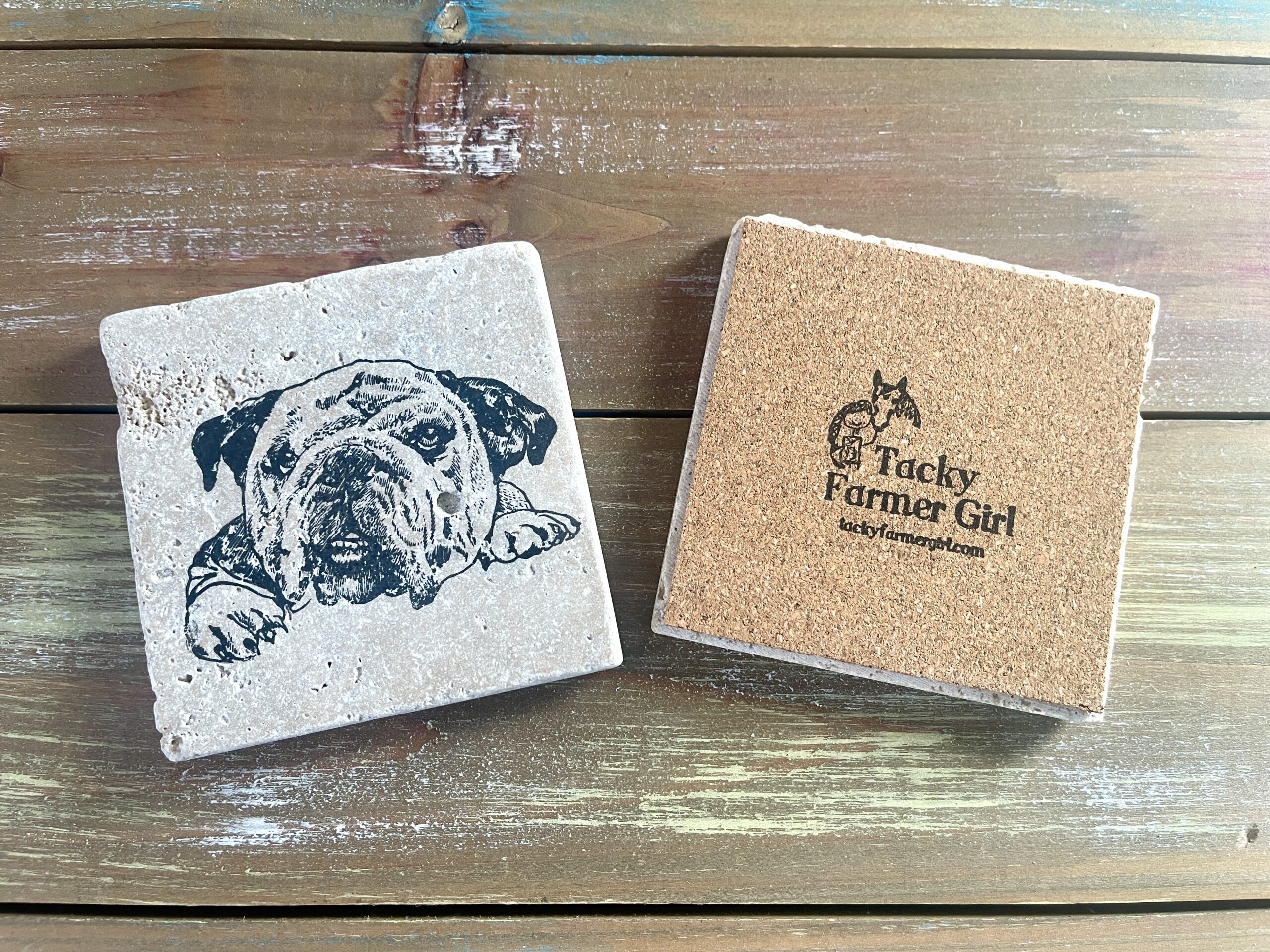 Bulldog Coasters - Hand-Stamped Travertine Coasters - Image 4