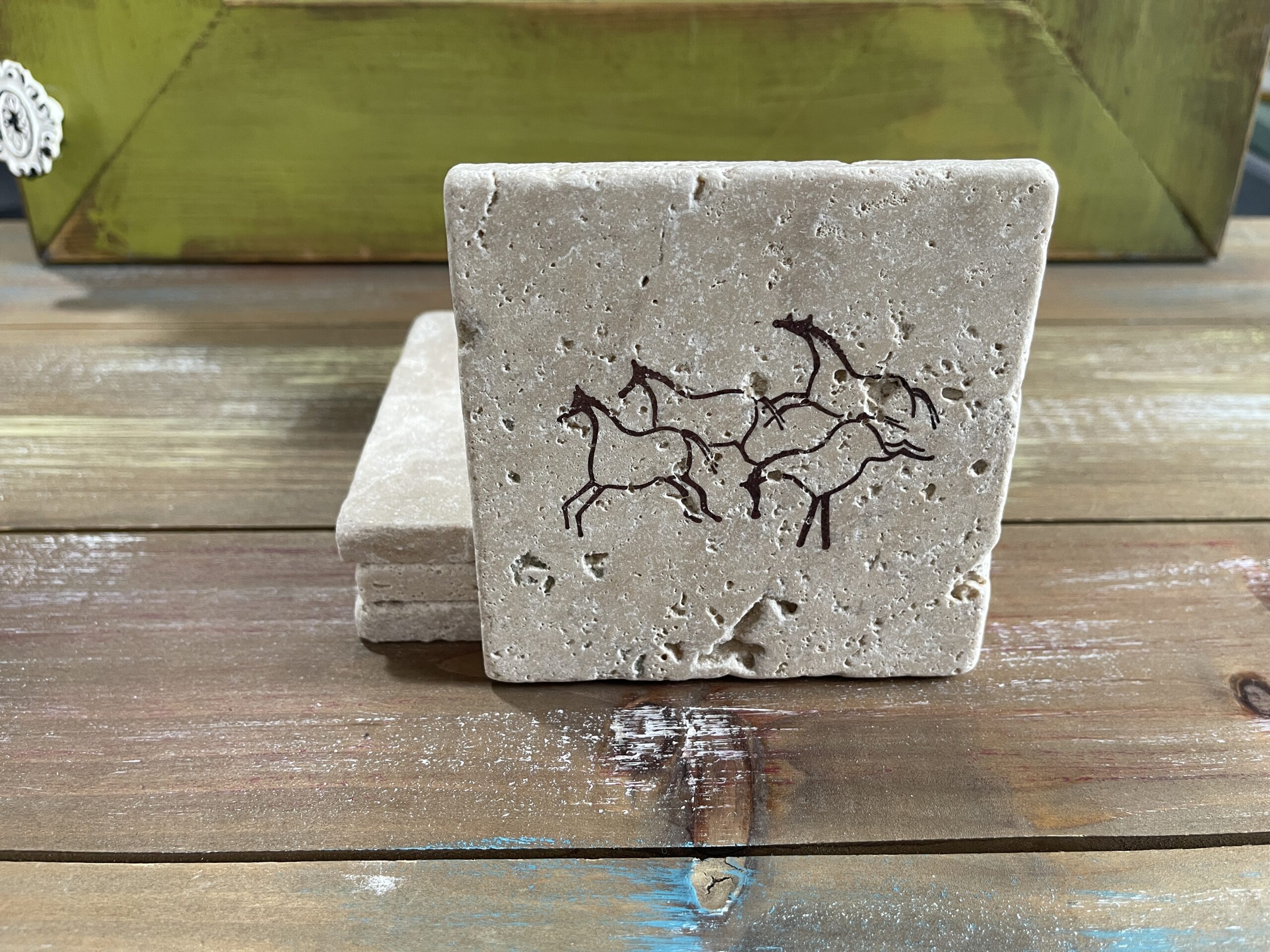 Cave Art Horses -- Hand-Stamped Travertine Coasters