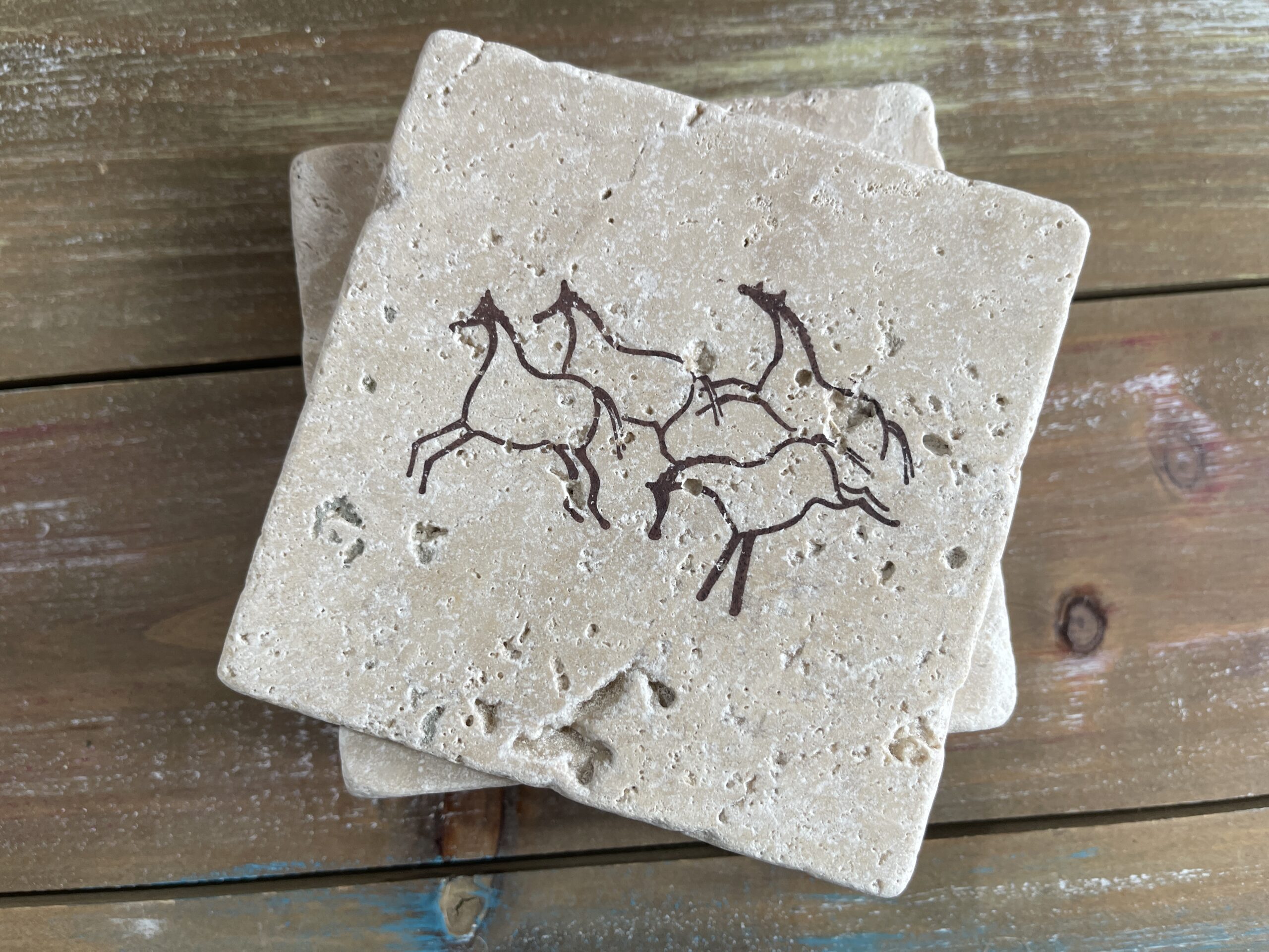 Cave Art Horses -- Hand-Stamped Travertine Coasters - Image 2