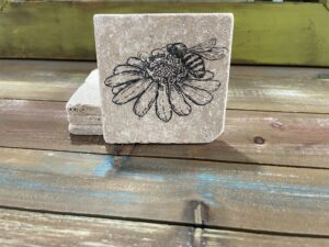 Hand-Stamped Bee Coasters – Travertine Stone, Summer Decor (Set of 4)