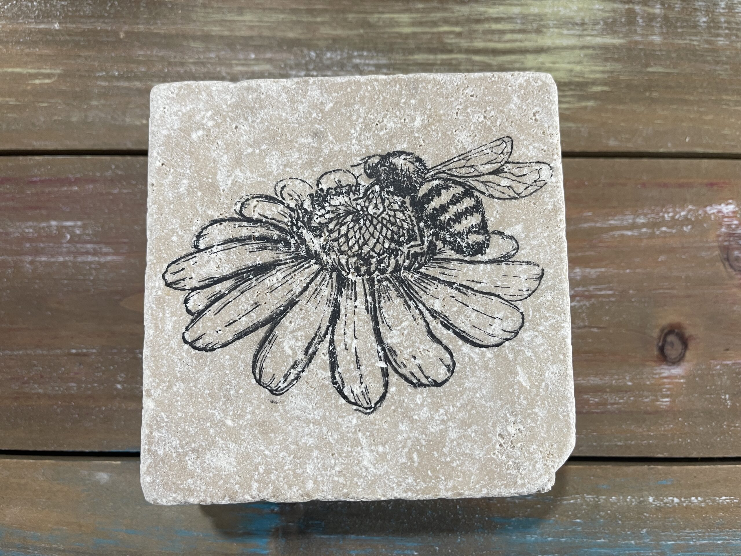 Hand-Stamped Bee Coasters – Travertine Stone, Summer Decor (Set of 4) - Image 3