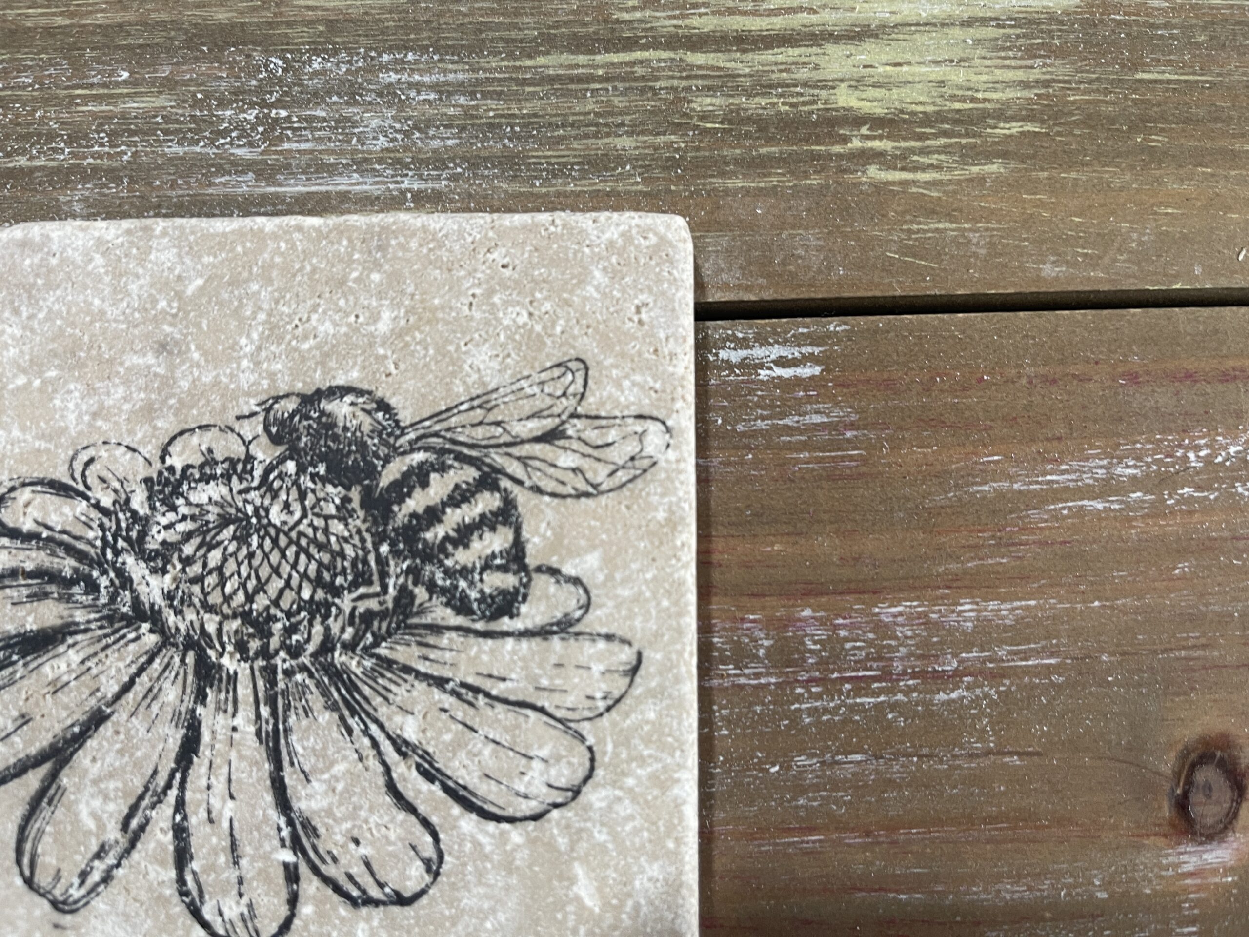 Hand-Stamped Bee Coasters – Travertine Stone, Summer Decor (Set of 4) - Image 4